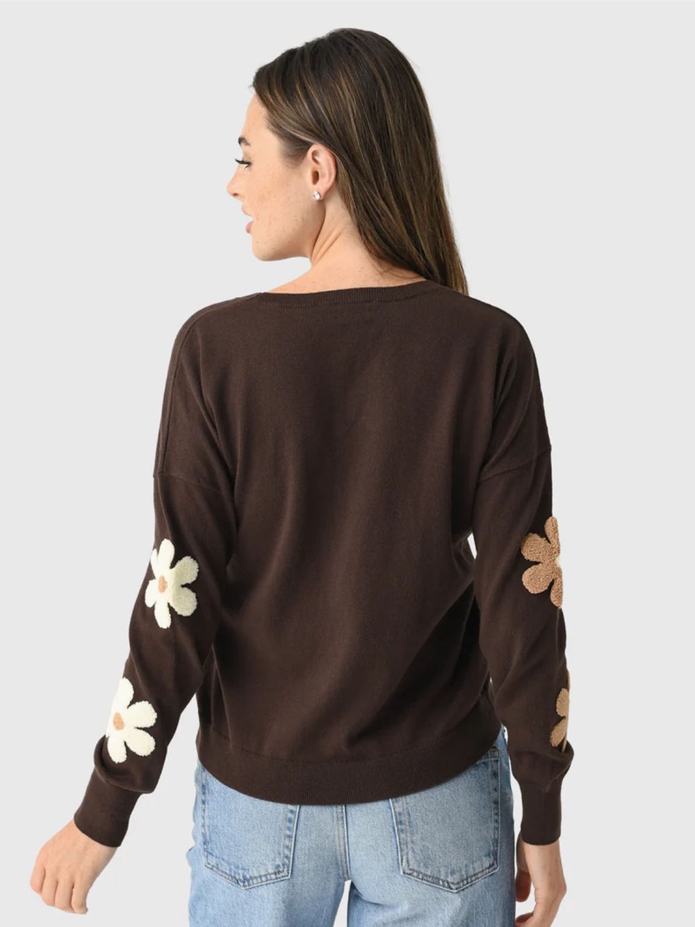 ECHE Women's Two Tone Flower Crew Sweater - Picture 3 of 6